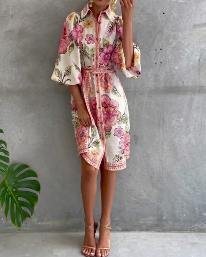 Robe Française Manchon Col Cranté Imprimé