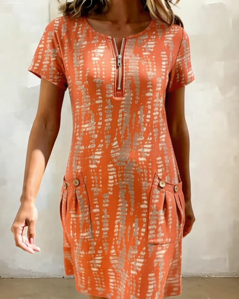 Robe Imprimé Demi-Fermeture Éclair Grande Poche