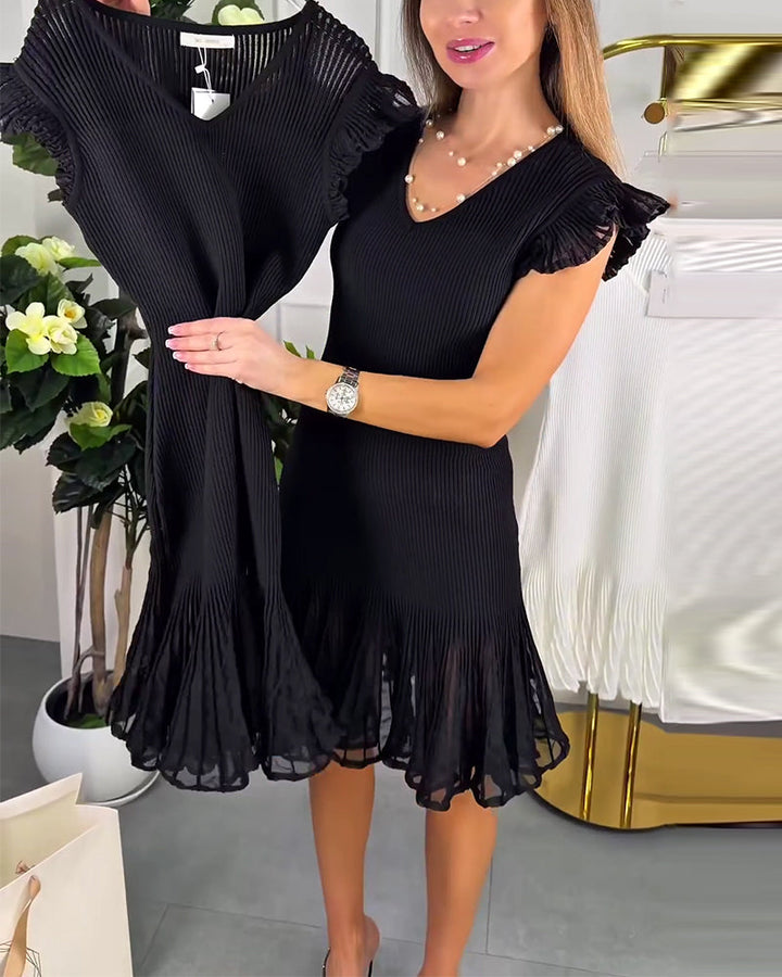 Robe Petites Manches Volant Dentelle Col V