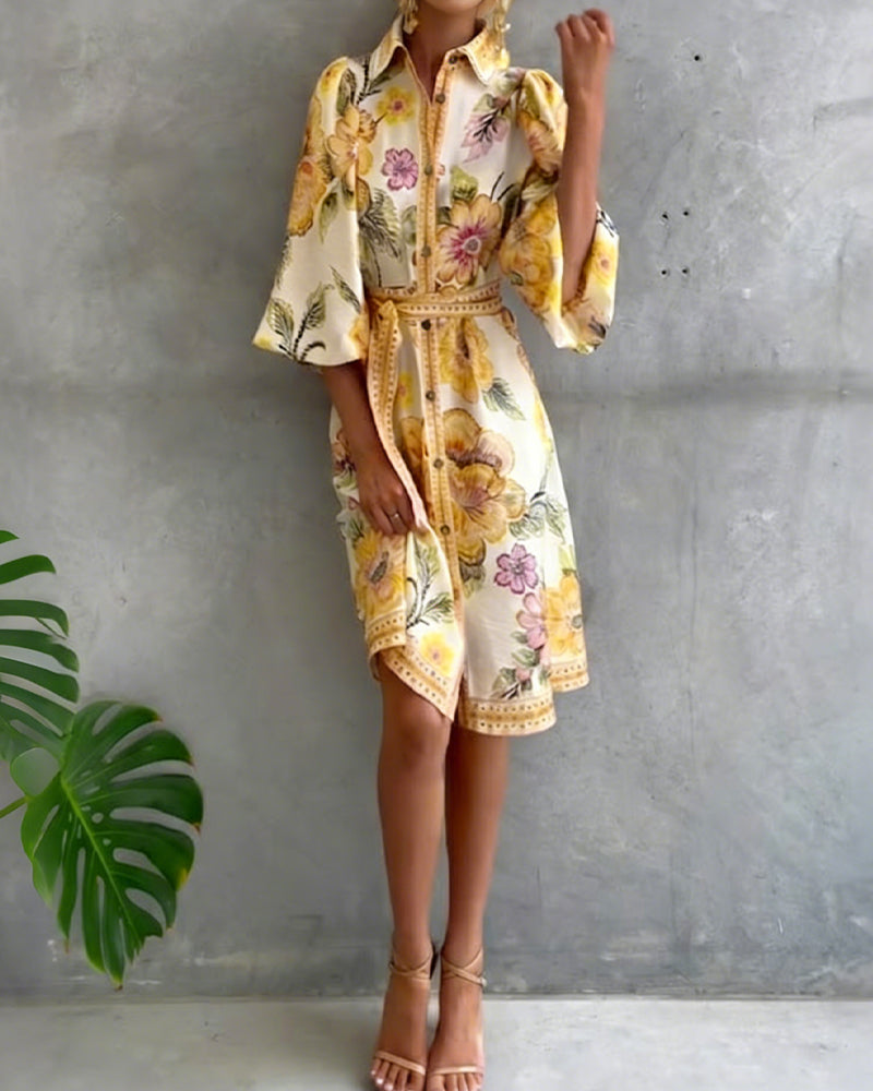 Robe Française Manchon Col Cranté Imprimé