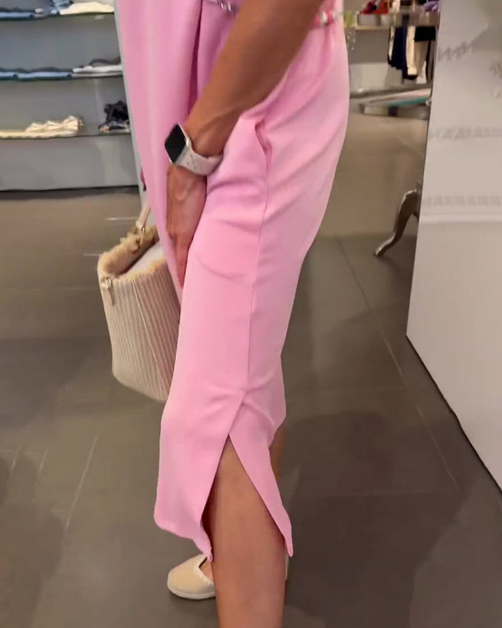 Robe Manches Feuille De Lotus Encolure V Fente Décontractée