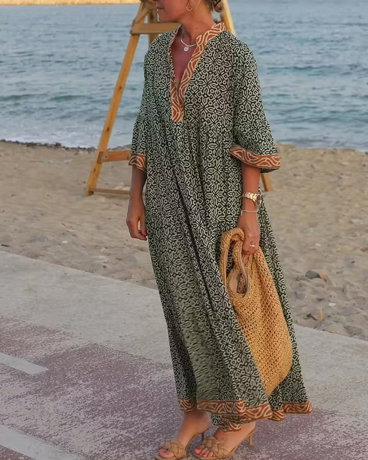 Robe Encolure En V Manche Trois-Quarts Imprimé Vacances