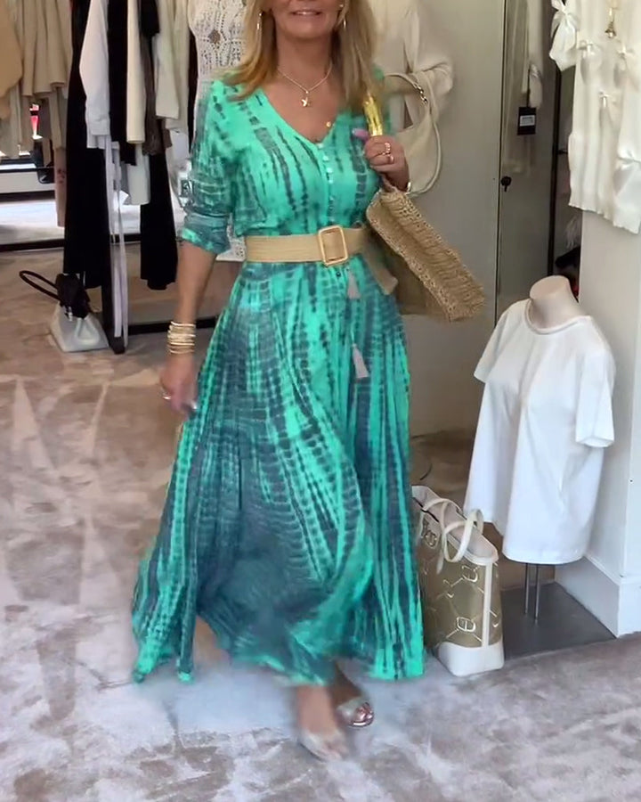 Robe longue boutonnée imprimée à col en V