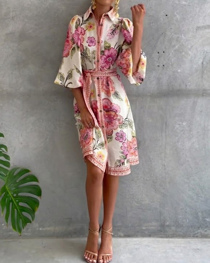 Robe Française Manchon Col Cranté Imprimé