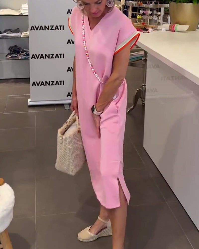 Robe Manches Feuille De Lotus Encolure V Fente Décontractée