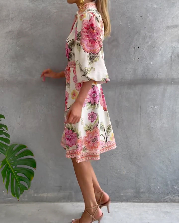 Robe Française Manchon Col Cranté Imprimé