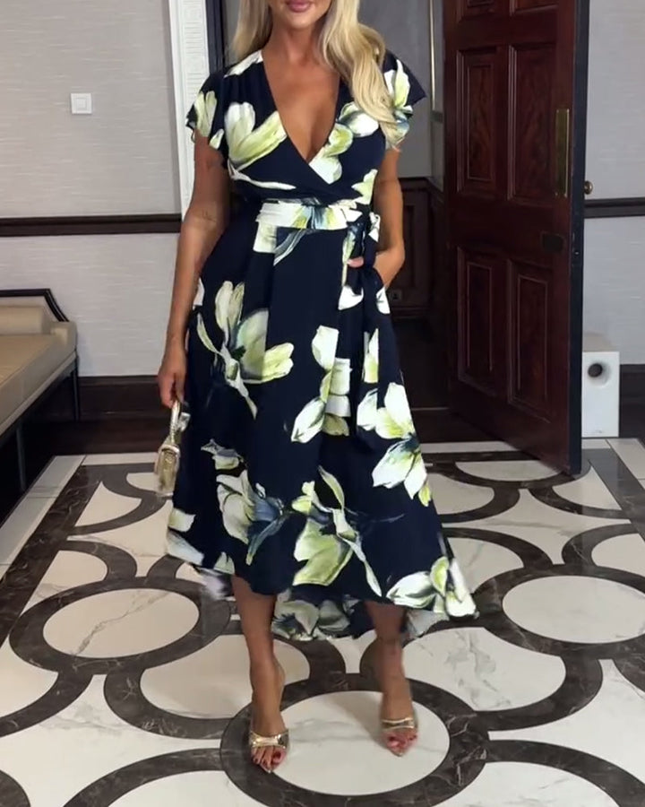 Robe Col En V Imprimé Floral Taille À Manches Courtes