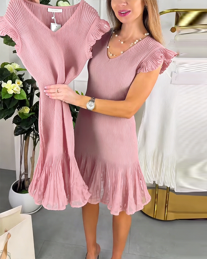 Robe Petites Manches Volant Dentelle Col V