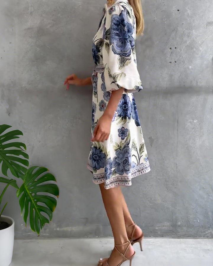 Robe Française Manchon Col Cranté Imprimé