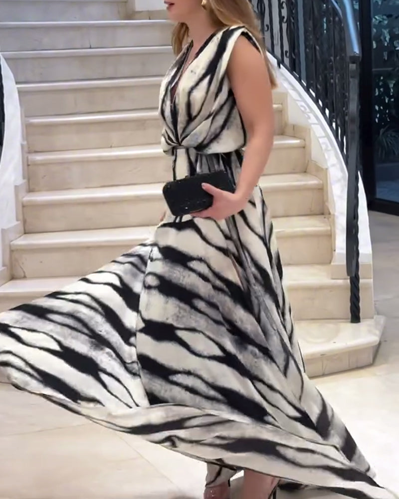 Robe Sans Manches Col En V Imprimée Fente Maxi