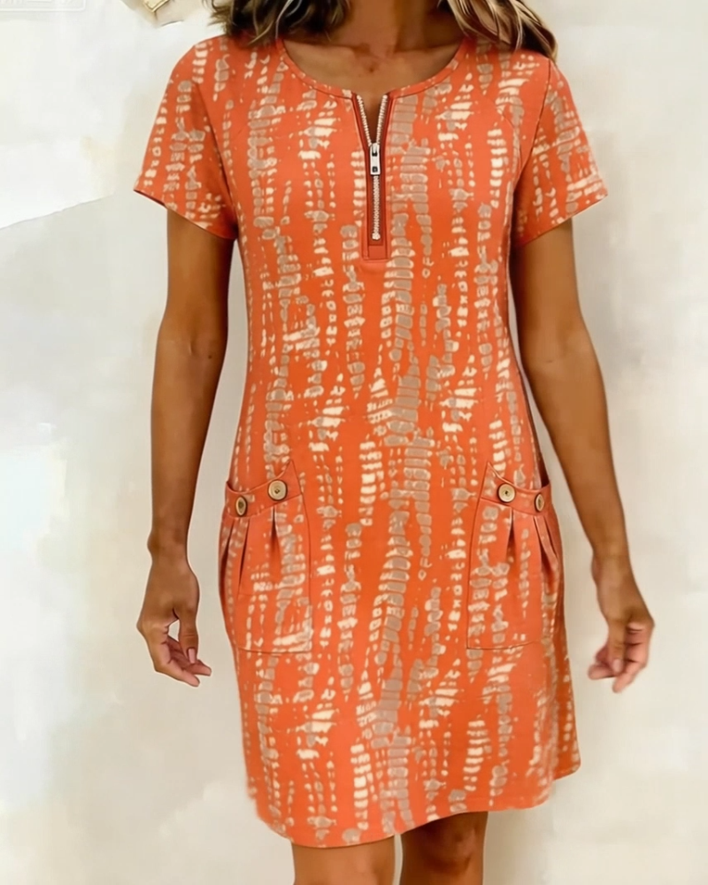 Robe Imprimé Demi-Fermeture Éclair Grande Poche