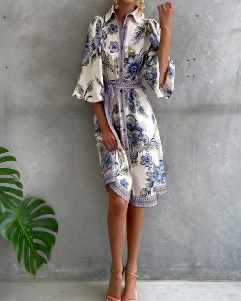 Robe Française Manchon Col Cranté Imprimé