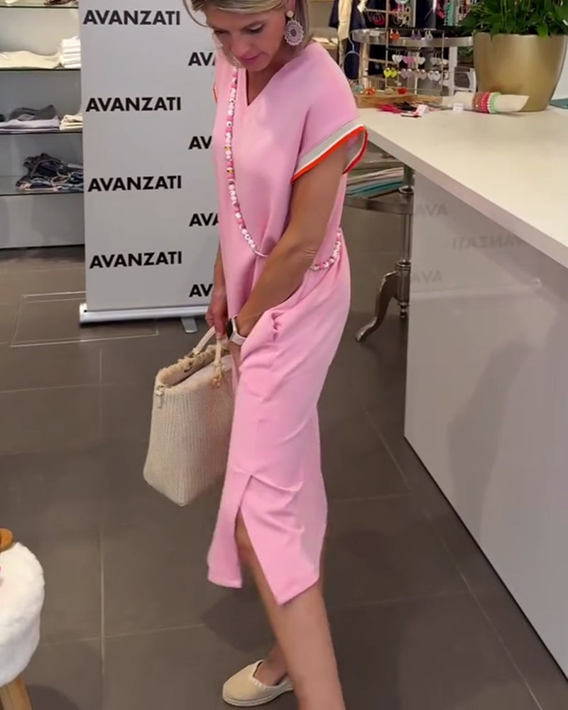 Robe Manches Feuille De Lotus Encolure V Fente Décontractée