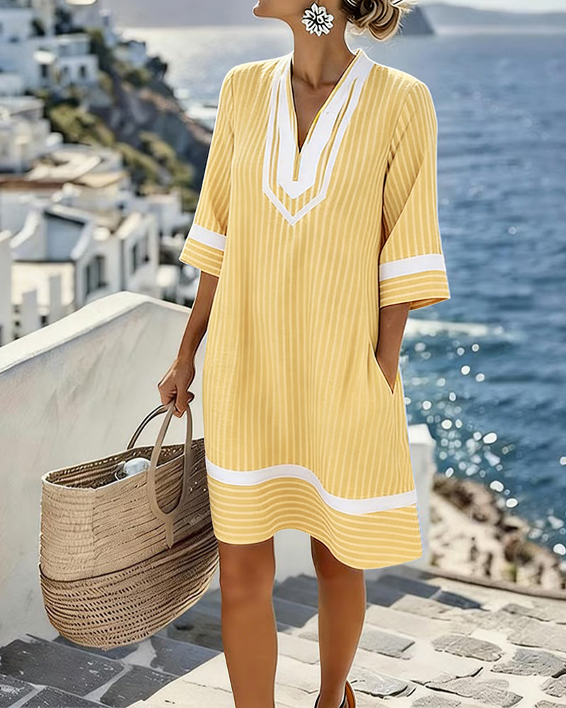 Robe Col V Manche Courte Rayé