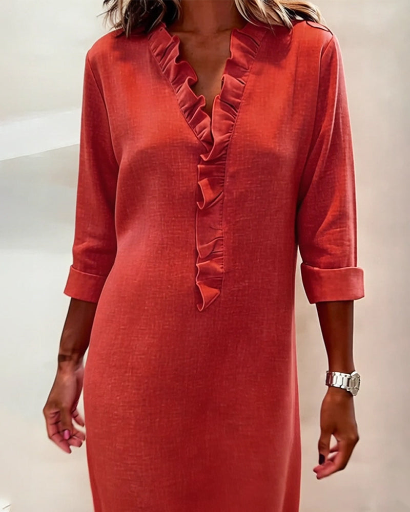 Robe À Volants Col V Unie