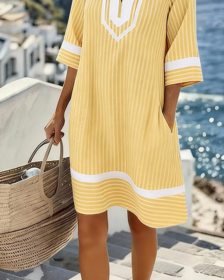 Robe Col V Manche Courte Rayé