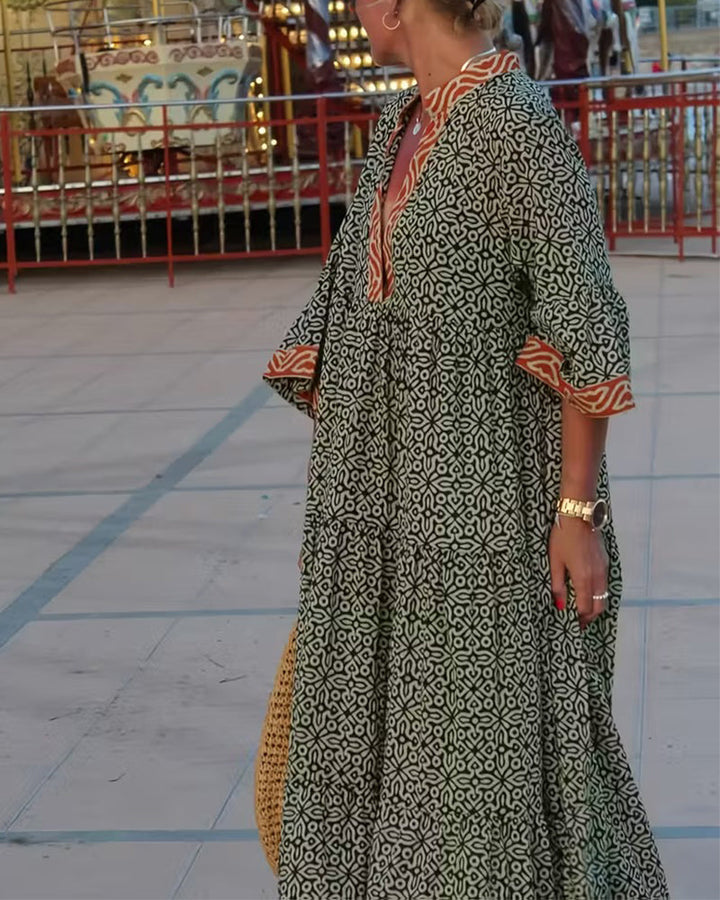 Robe Encolure En V Manche Trois-Quarts Imprimé Vacances