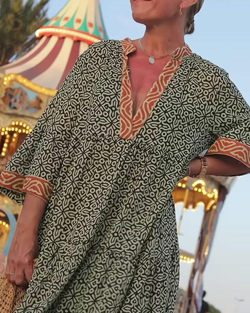 Robe Encolure En V Manche Trois-Quarts Imprimé Vacances